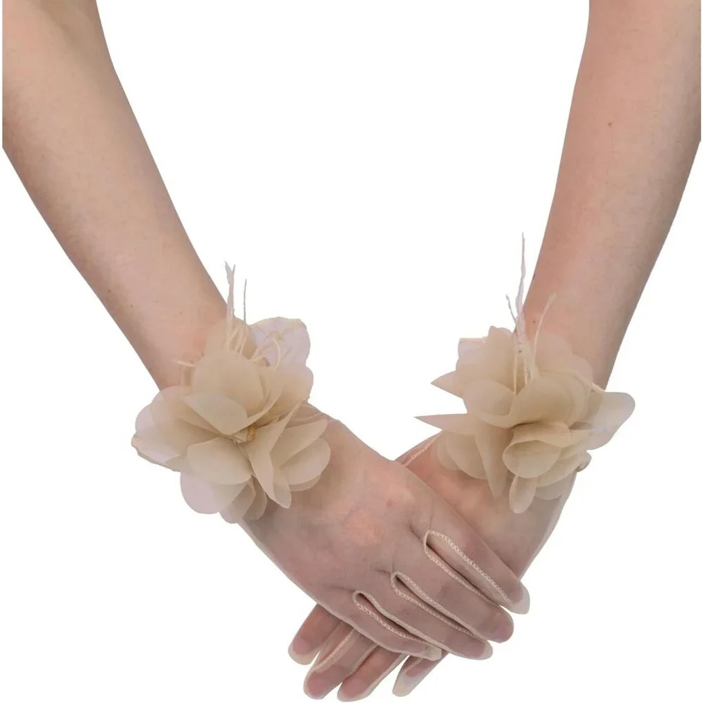 Women's Tulle Floral Short Champagne Gloves Flower Design Tea Party Accessories